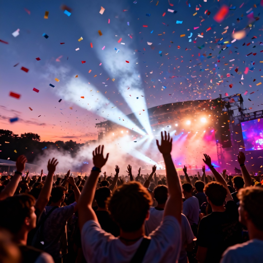 AI festival crowd at dusk with stage lights