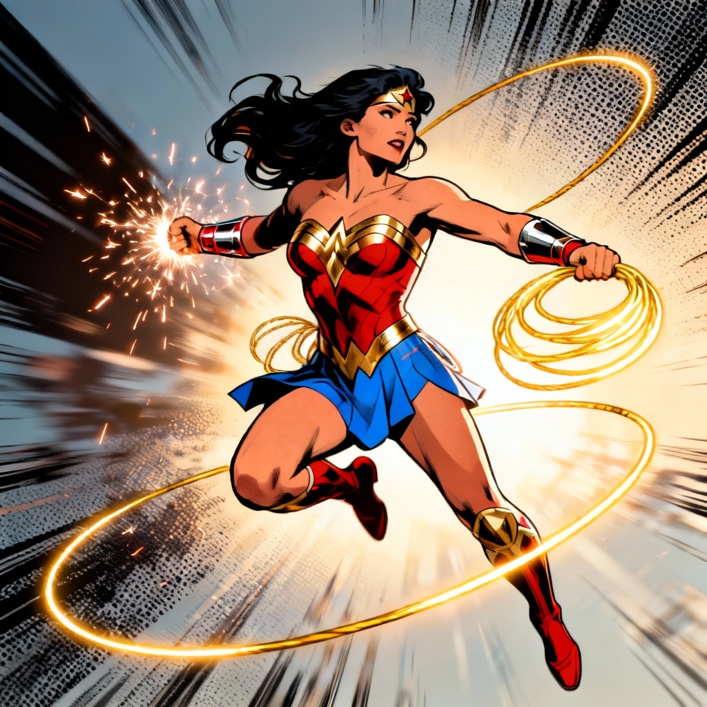AI Wonder Woman action scene with golden lasso