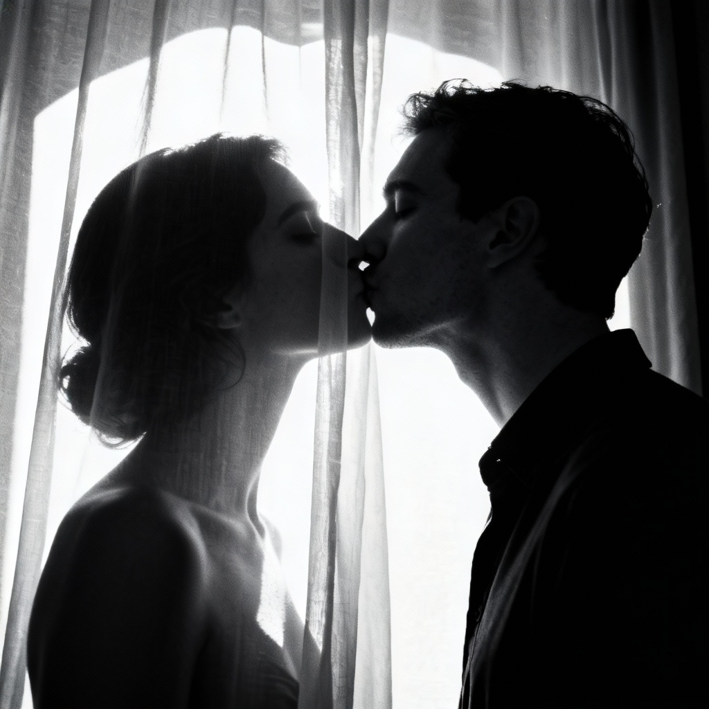 AI black and white silhouette French kiss