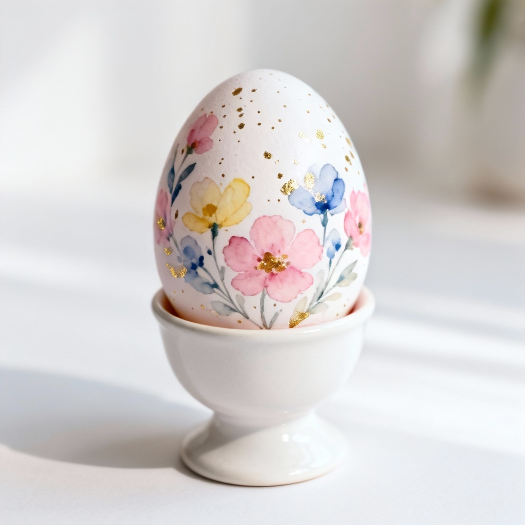 AI-designed pastel watercolor Easter egg with gold speckles on stand