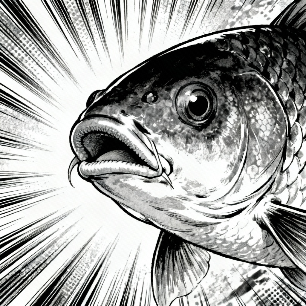 AI manga-style carp lips with speed lines