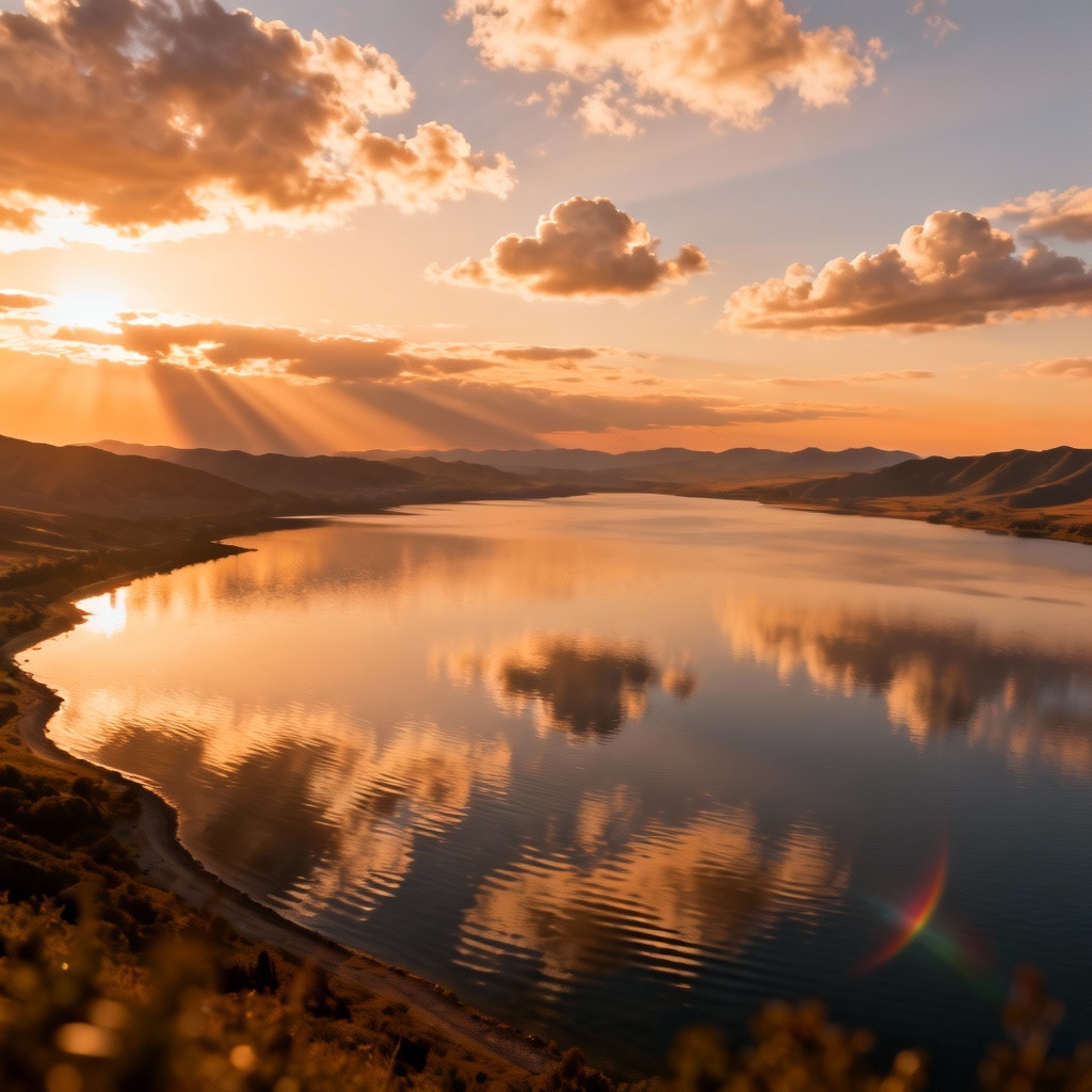 Photorealistic golden hour lake with scattered cumulus clouds