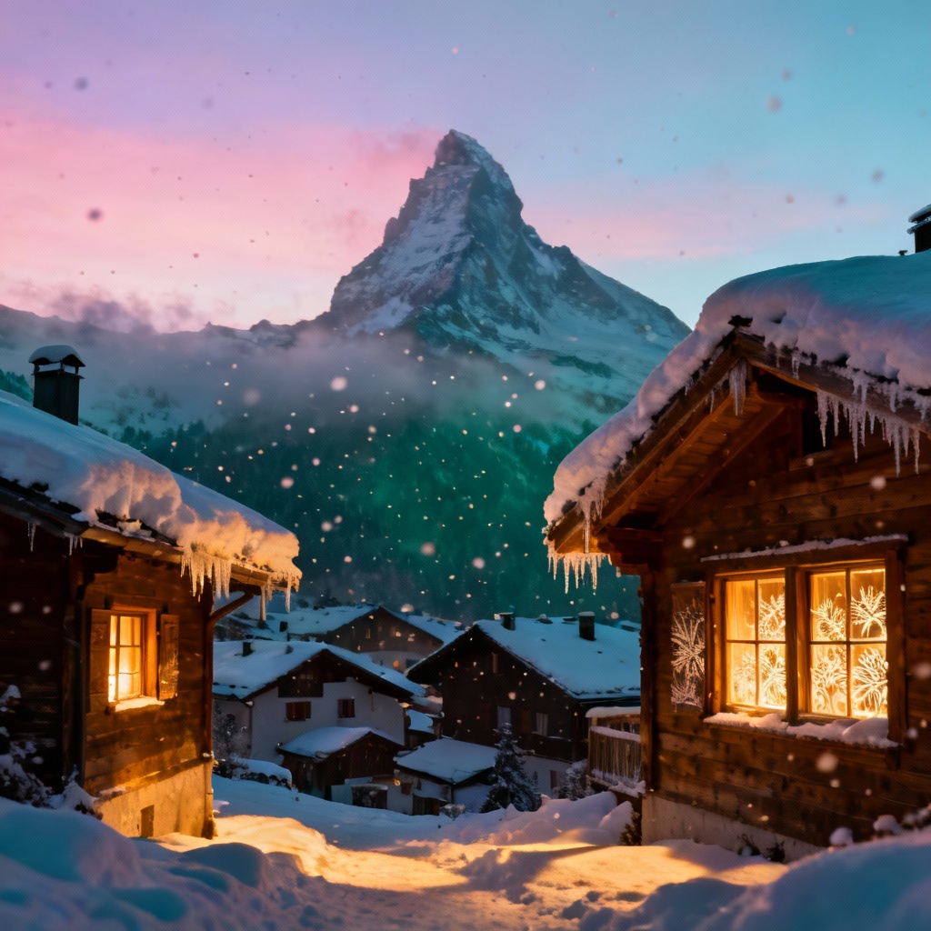 AI snowy alpine village winter background