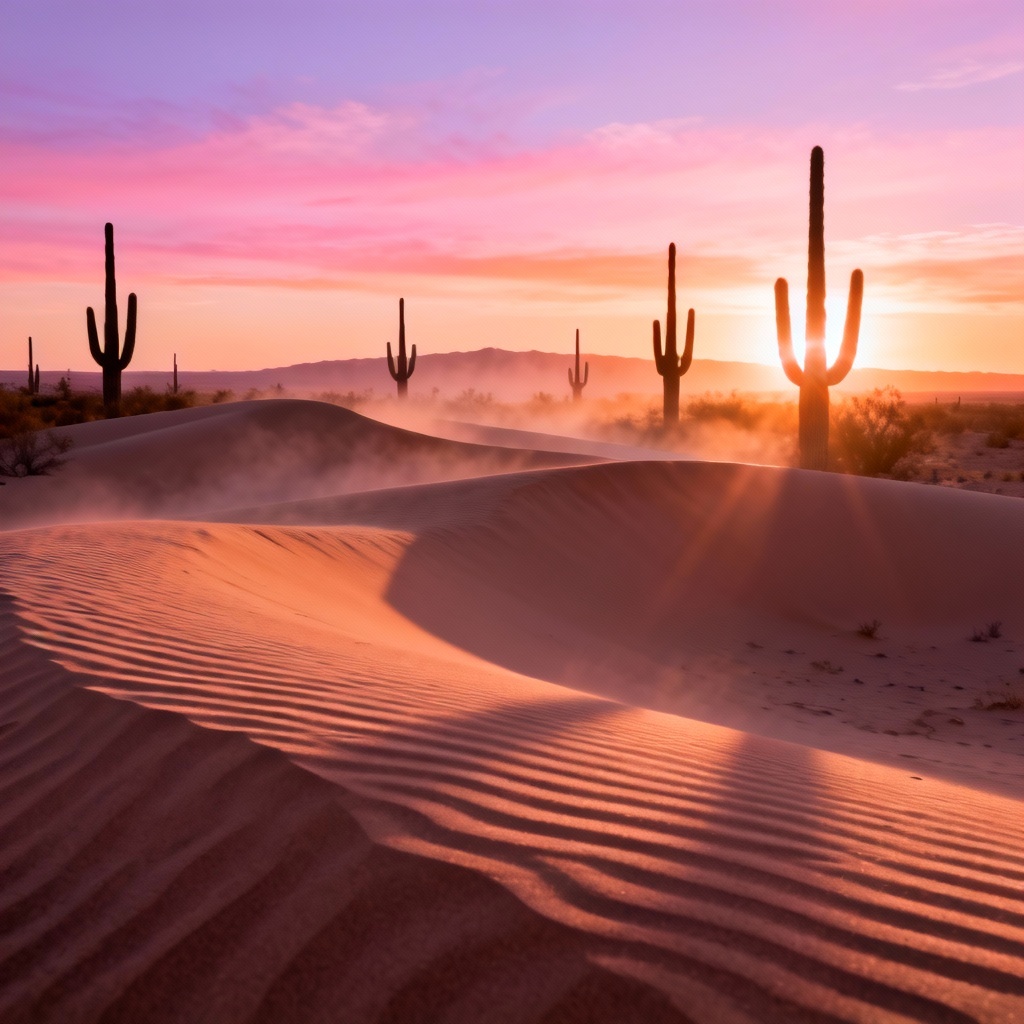 AI desert sunset with saguaro silhouettes and pink-orange gradient sky