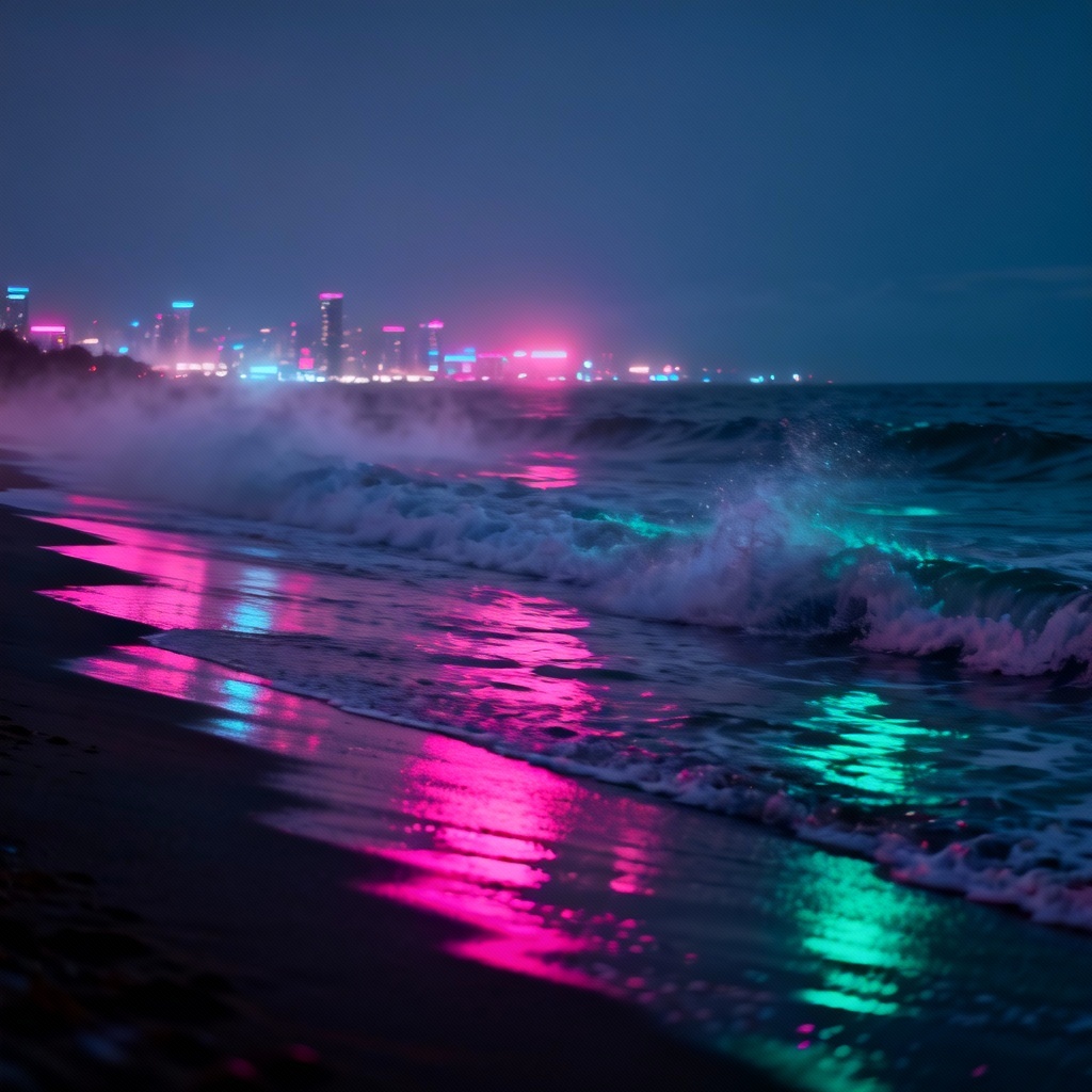 AI neon twilight evening waves with city lights
