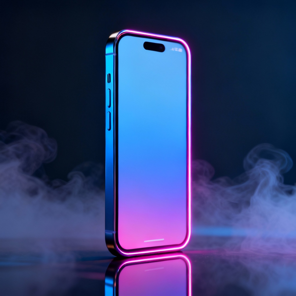 AI CGI ad of smartphone with neon glow and reflections