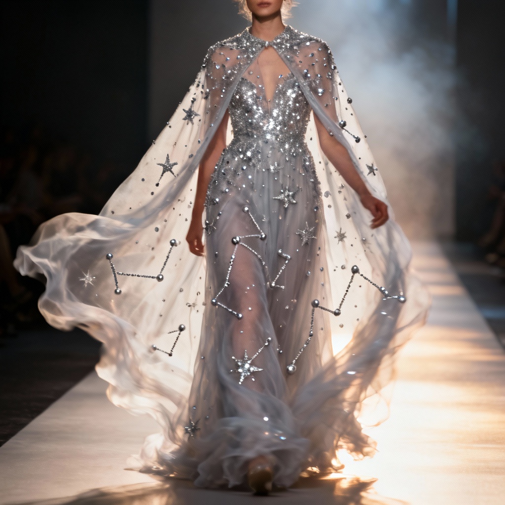 AI celestial beaded sheer couture cape and gown
