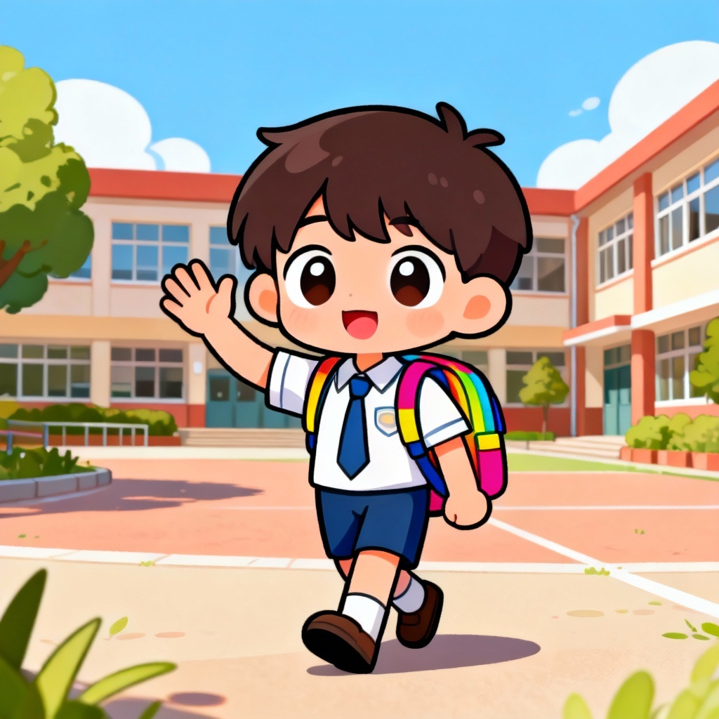 Chibi schoolboy with backpack waving in courtyard