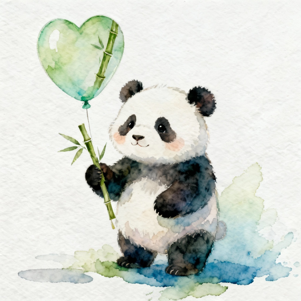 AI watercolor baby panda with bamboo balloon