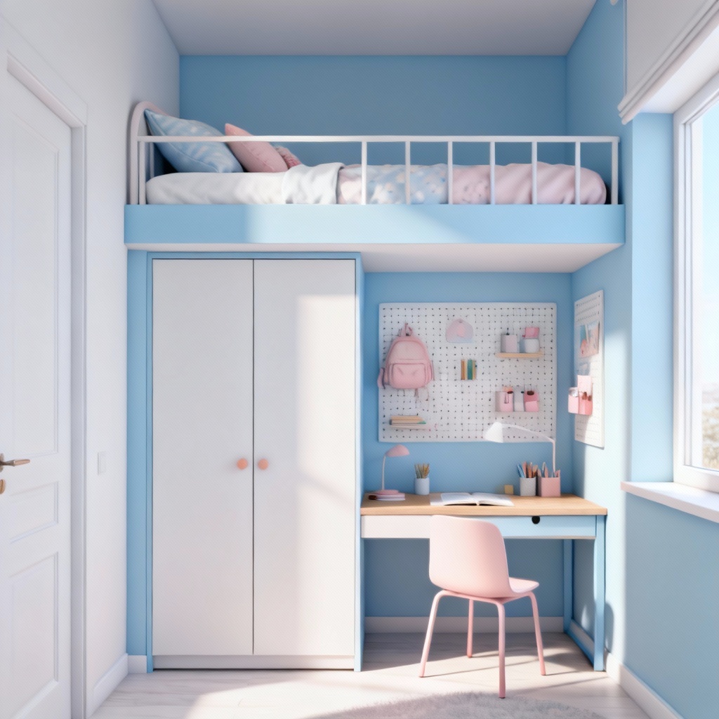 AI small girls room layout with loft bed and wardrobe desk combo