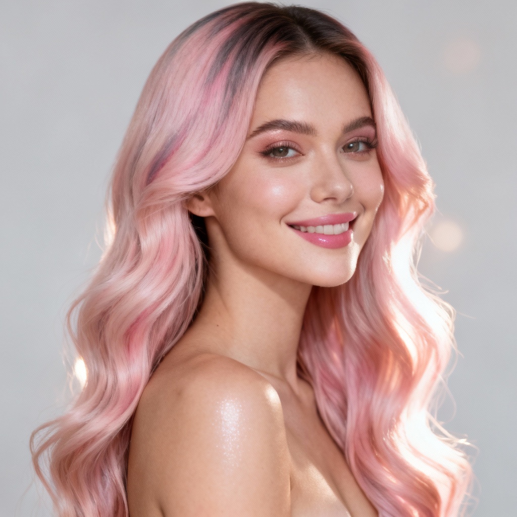 AI pastel pink balayage wavy hair