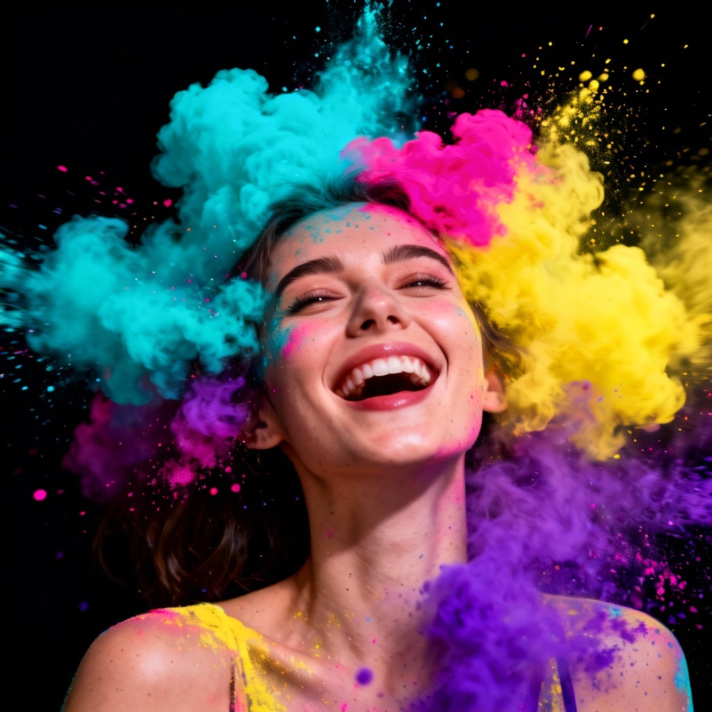 AI colorful powder portrait of a woman in a vibrant dust burst