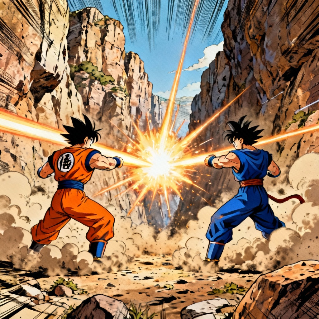 AI Dragon Ball style energy beam clash in canyon