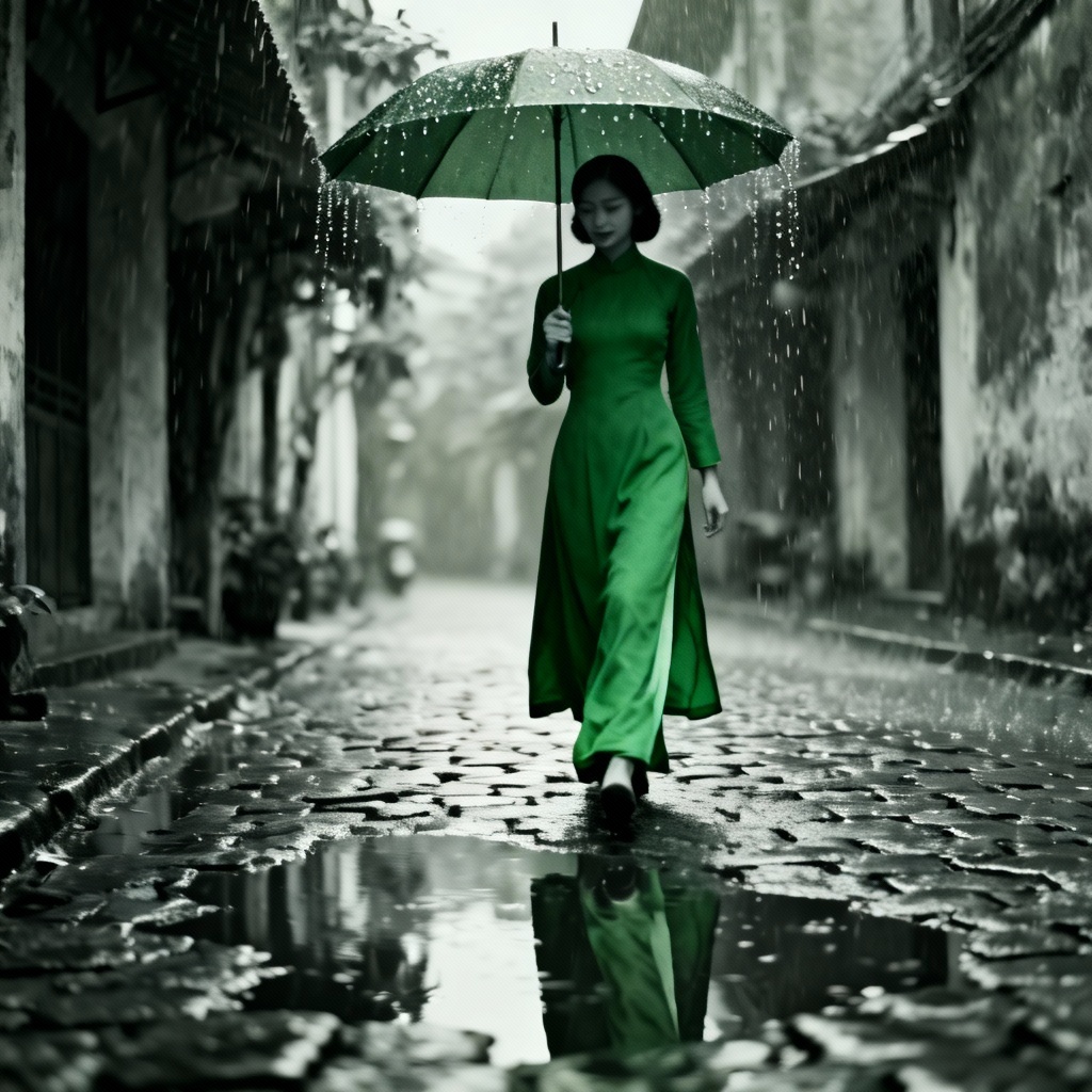 Green ao dai in rainy Saigon alley, cinematic vintage look
