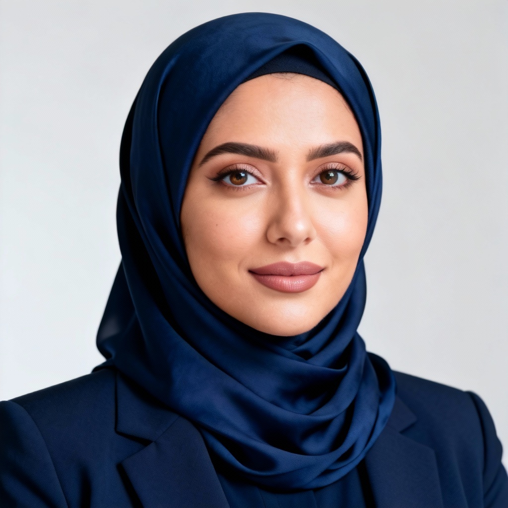 AI corporate headshot with navy hijab and blazer
