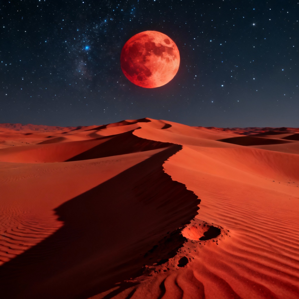 AI blood moon glowing over desert dunes