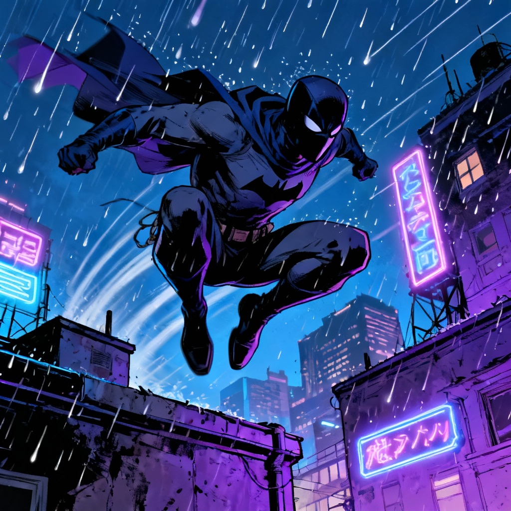 AI manhwa urban night vigilante jumping between buildings