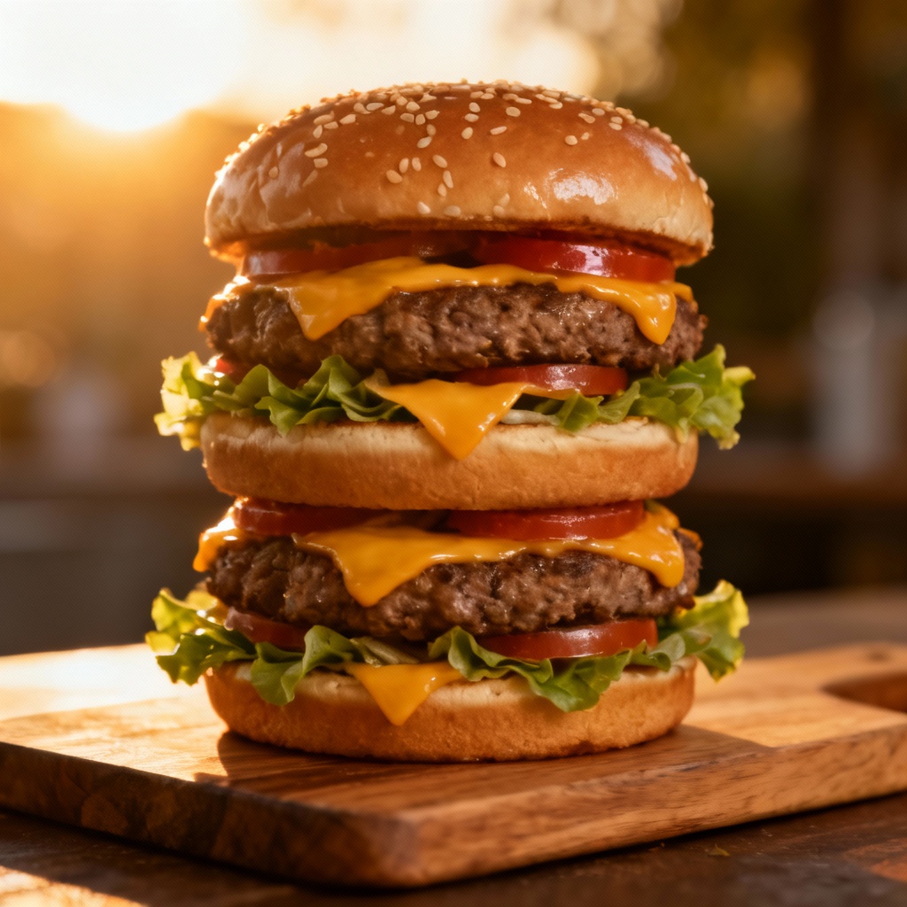 AI burger photo with melting cheese and golden hour backlight