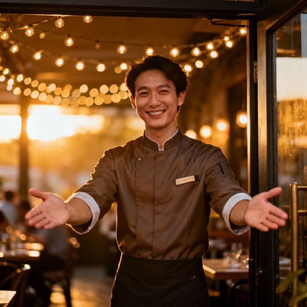 AI host with open arms welcoming guests at a restaurant