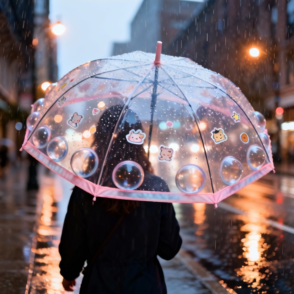 AI transparent dome umbrella with cute stickers in city rain