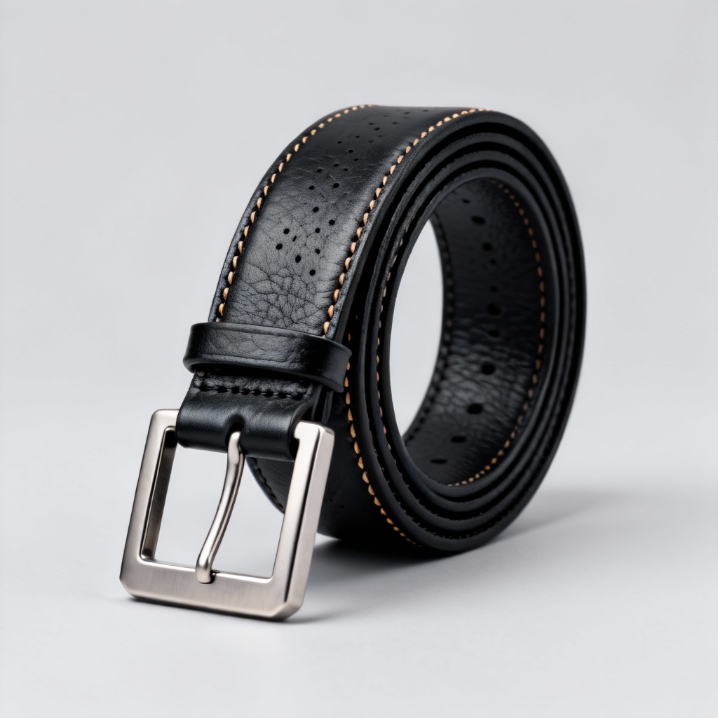 AI studio flatlay of a black full-grain leather belt with nickel buckle