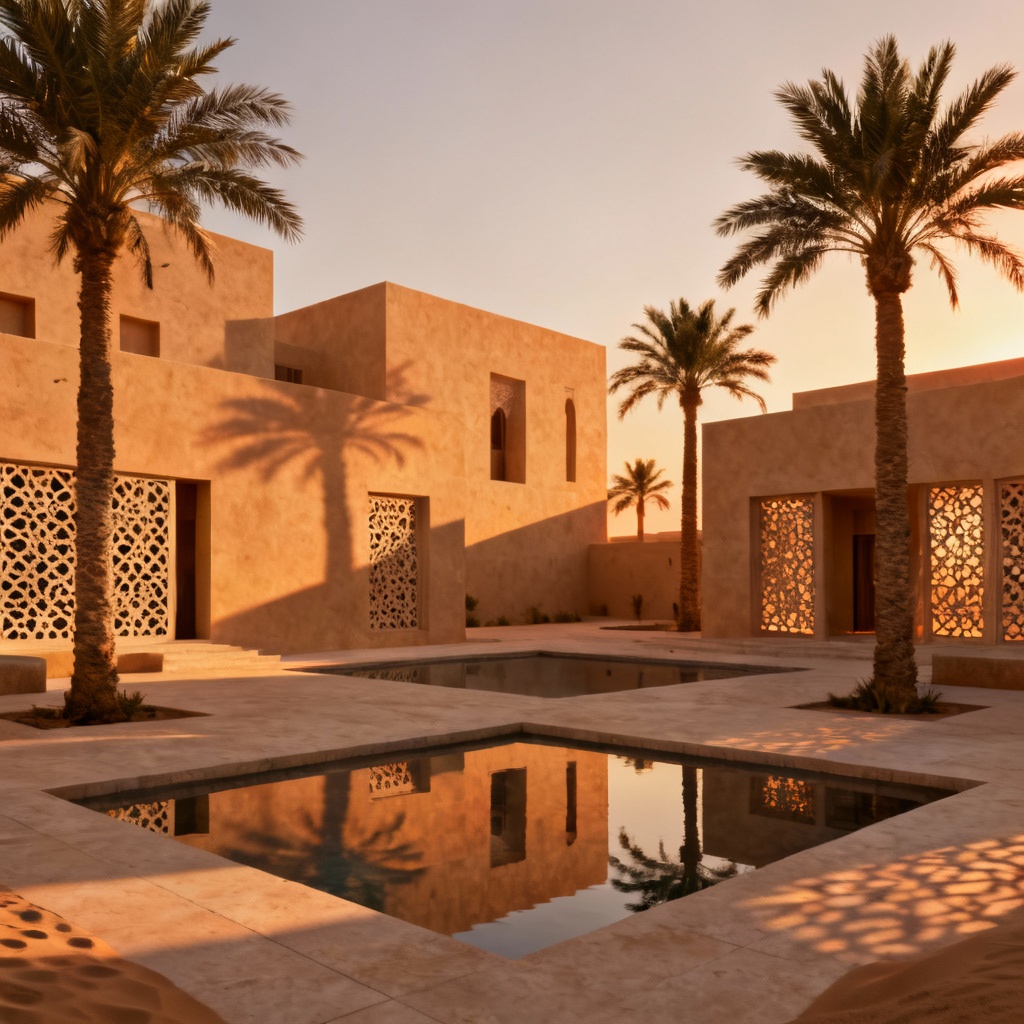 AI desert contemporary palace at sunset