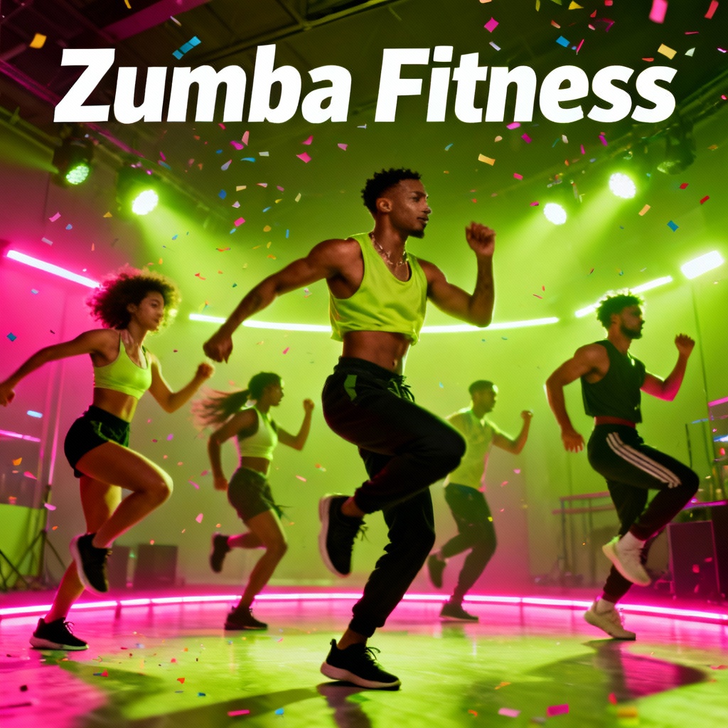 AI-generated Zumba poster with dancers in neon studio lighting