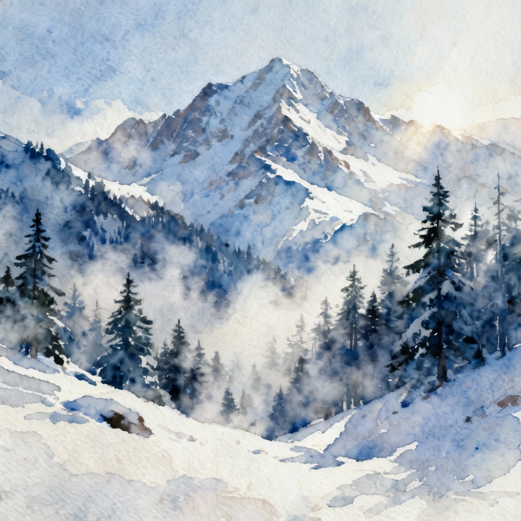 AI watercolor snowy alpine landscape