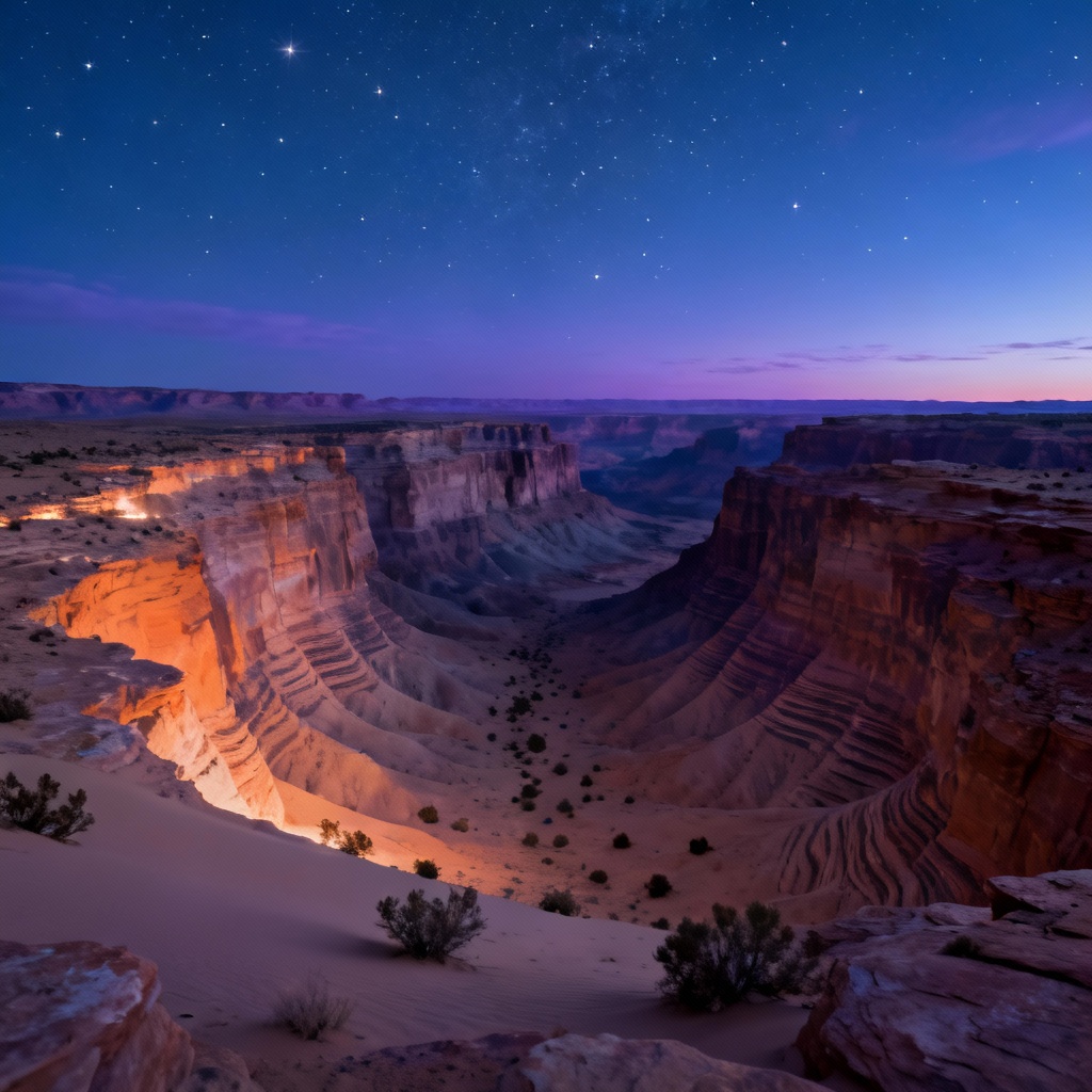 Serene blue hour desert canyon with starry sky