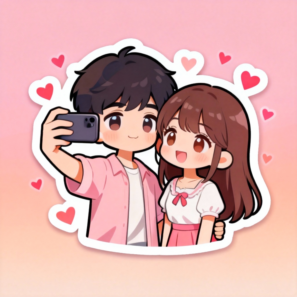 AI chibi couple taking selfie with heart background