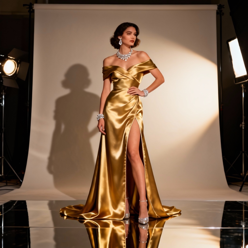 AI gold satin yellow evening gown in studio