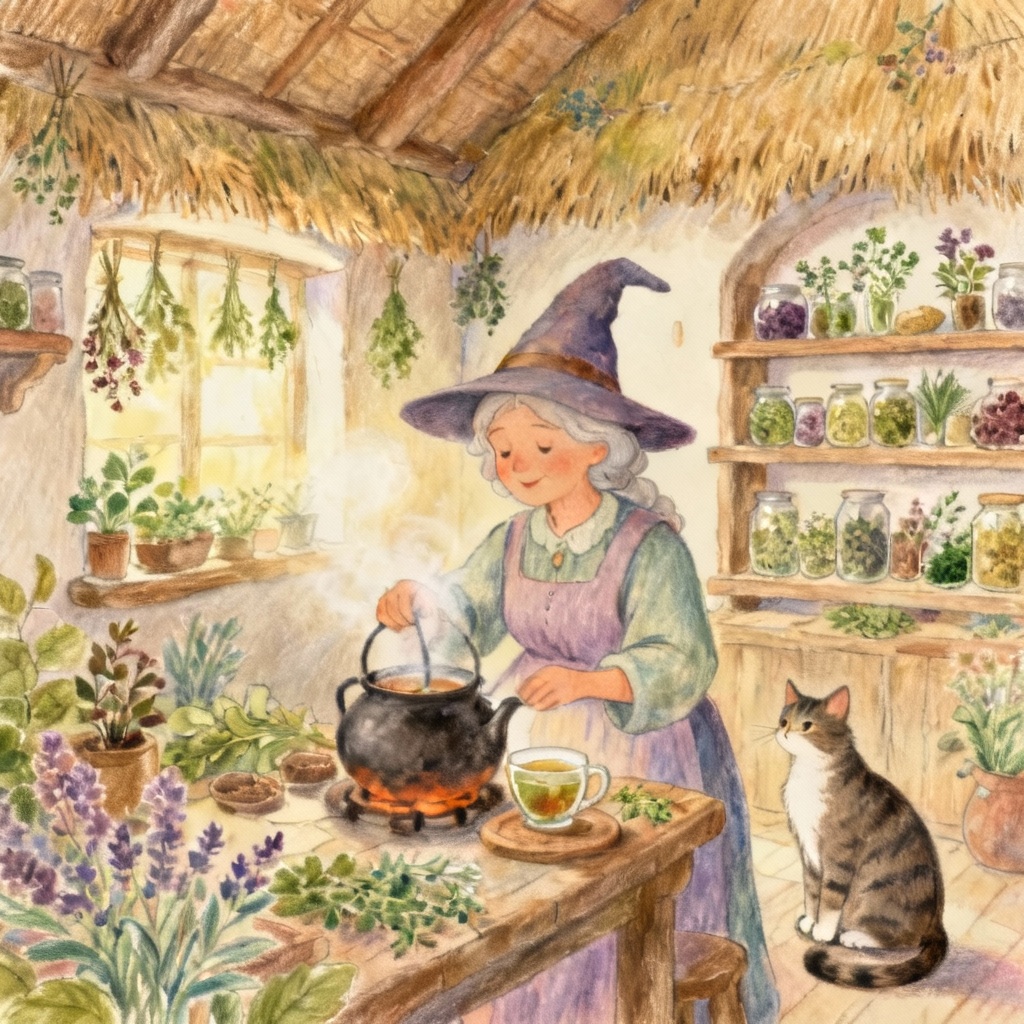 AI cottagecore fairy tale witch with herbs and tea