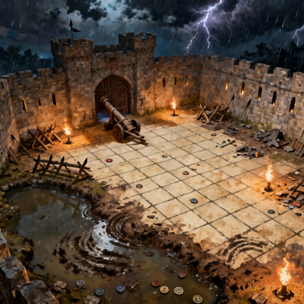 Night siege battle map with fortress walls and square grid