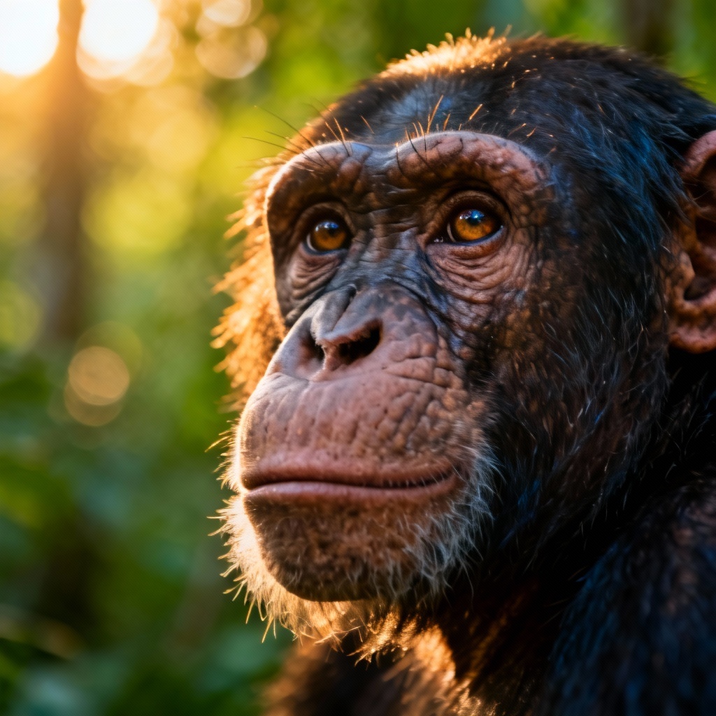 Realistic chimpanzee portrait in soft light