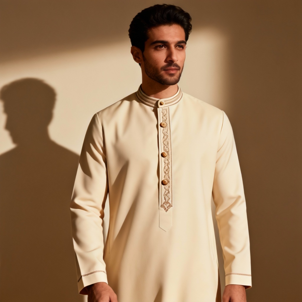 AI tailored Saudi thobe in cream with mandarin collar