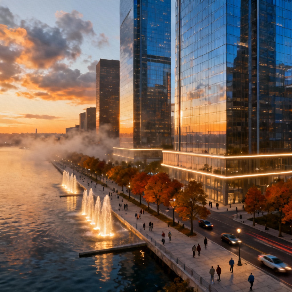 AI photorealistic modern city skyline at sunset