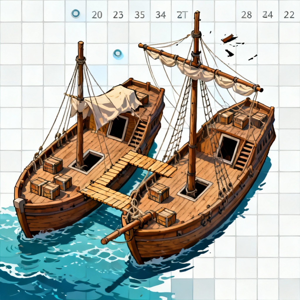 Dual ship boarding action deck map with grid overlay