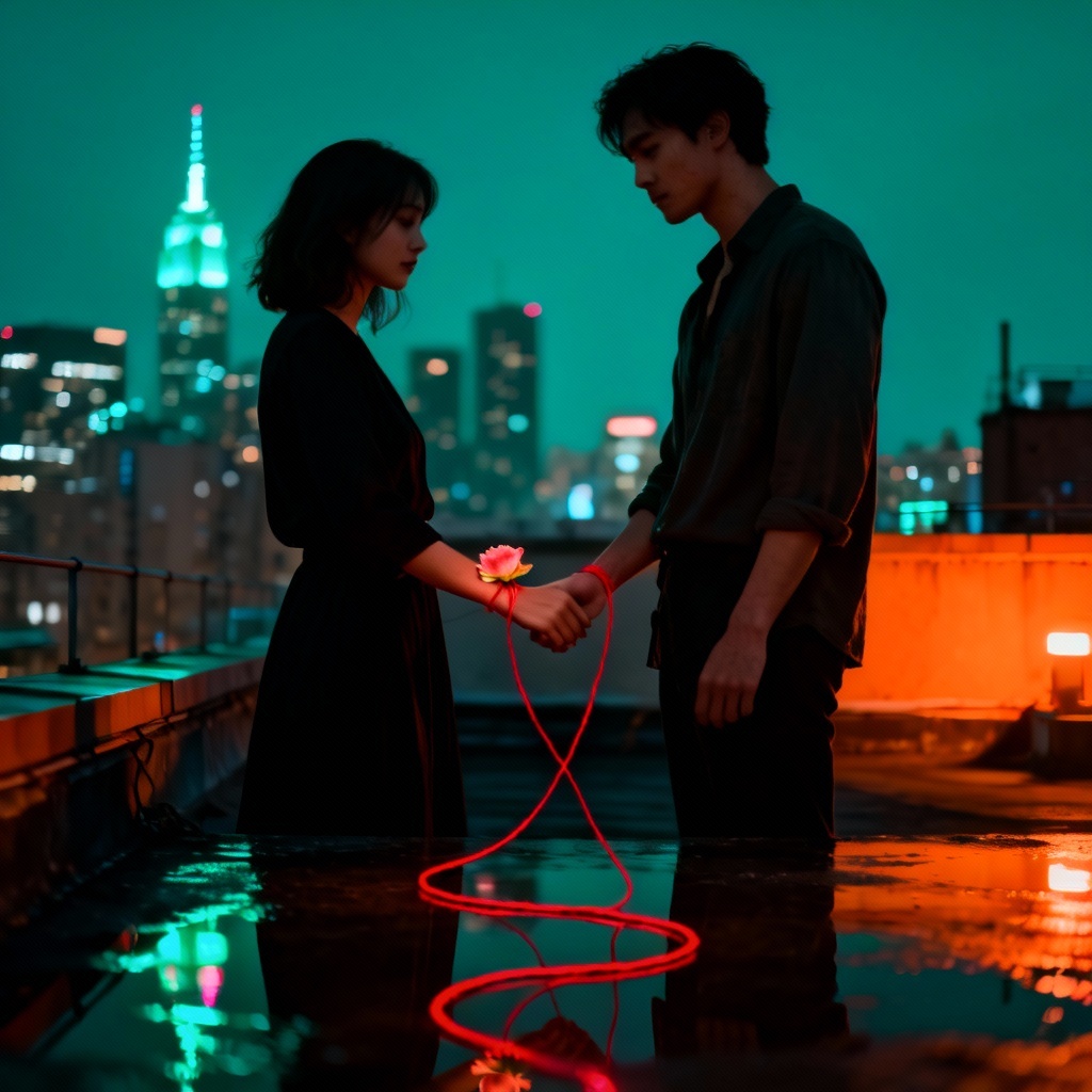 AI red string of fate over a city rooftop