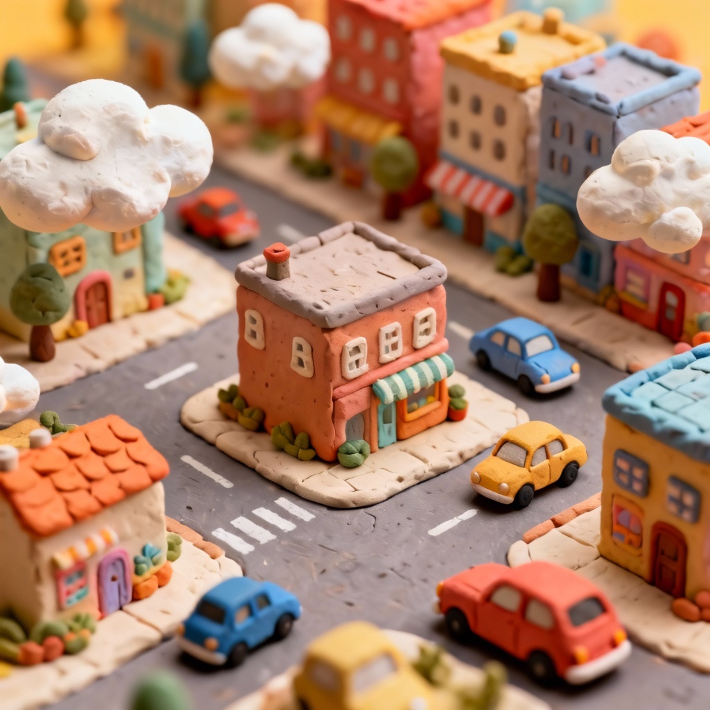 AI clay city diorama with miniature buildings