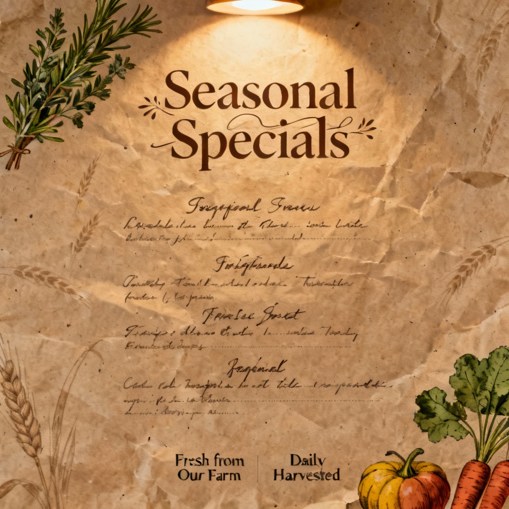 Rustic farm-to-table menu with botanical details and warm tones