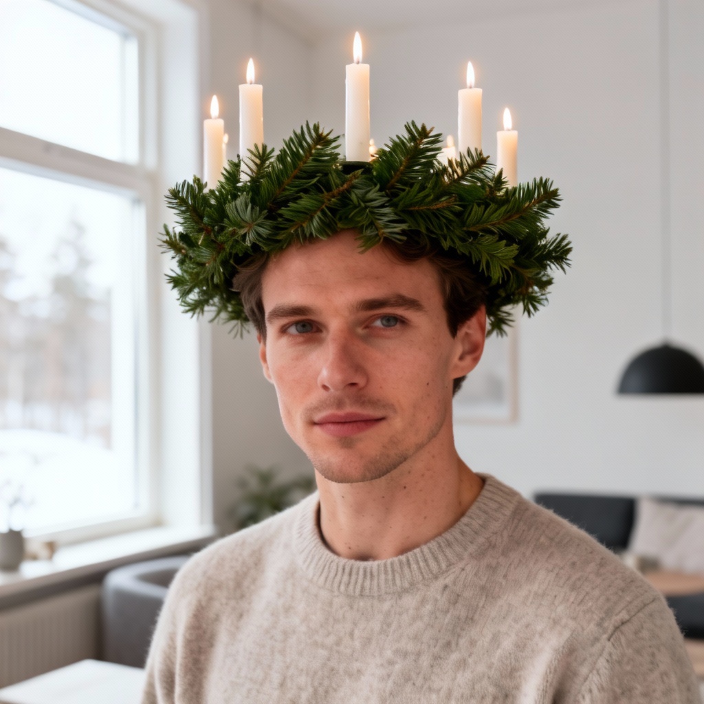 Lucia crown styled for men and boys with evergreen and candles