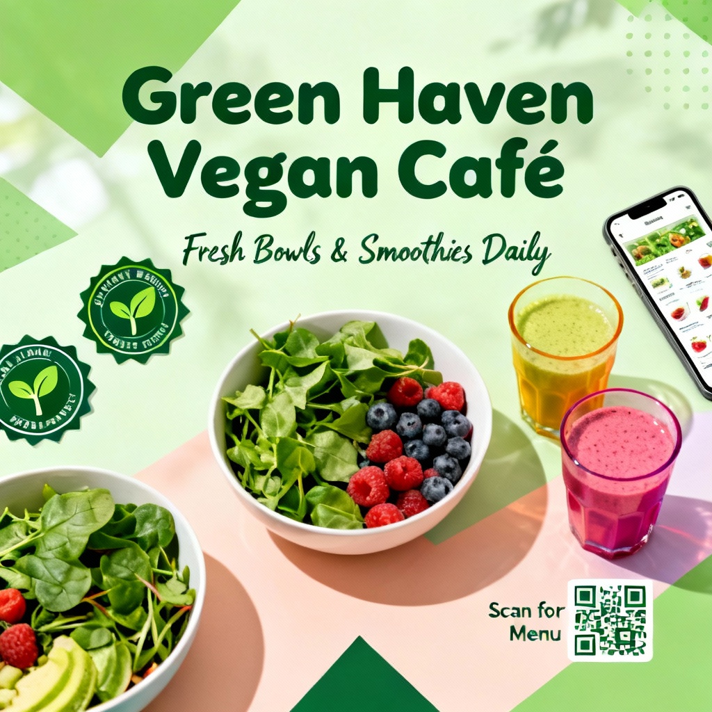 Vegan cafe QR code menu poster with fresh colors and plant icons
