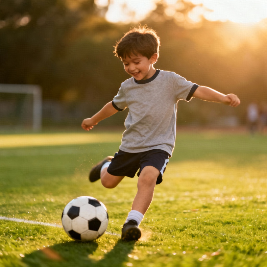 Semi-realistic little boy playing soccer at sunset