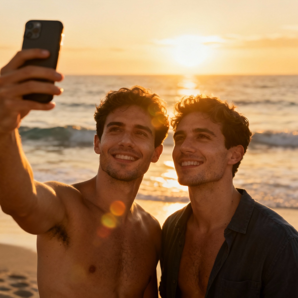 AI gay couple seaside selfie at sunset