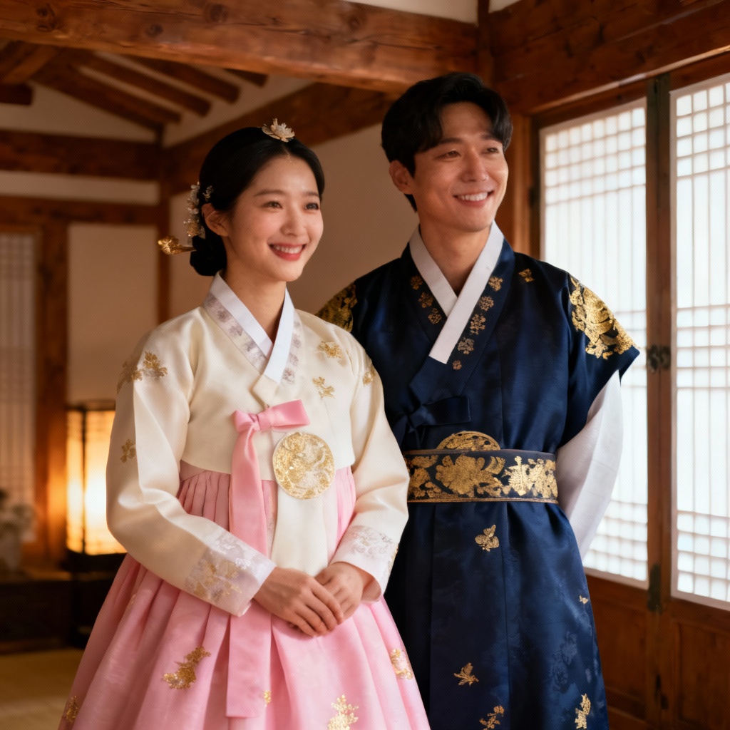 AI traditional Korean wedding hanbok couple in a hanok