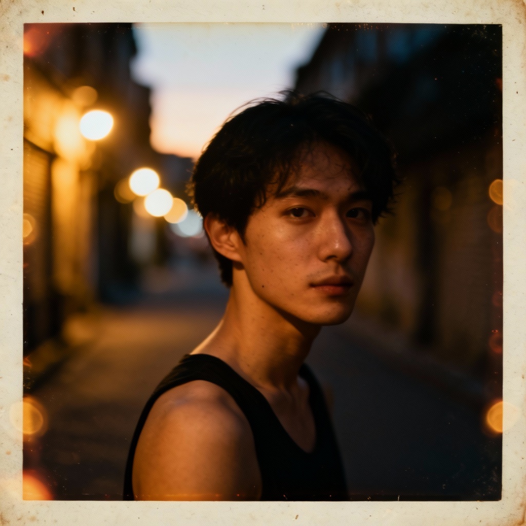 AI Vintage Camera Look Street Portrait With Film Grain And Light Leaks