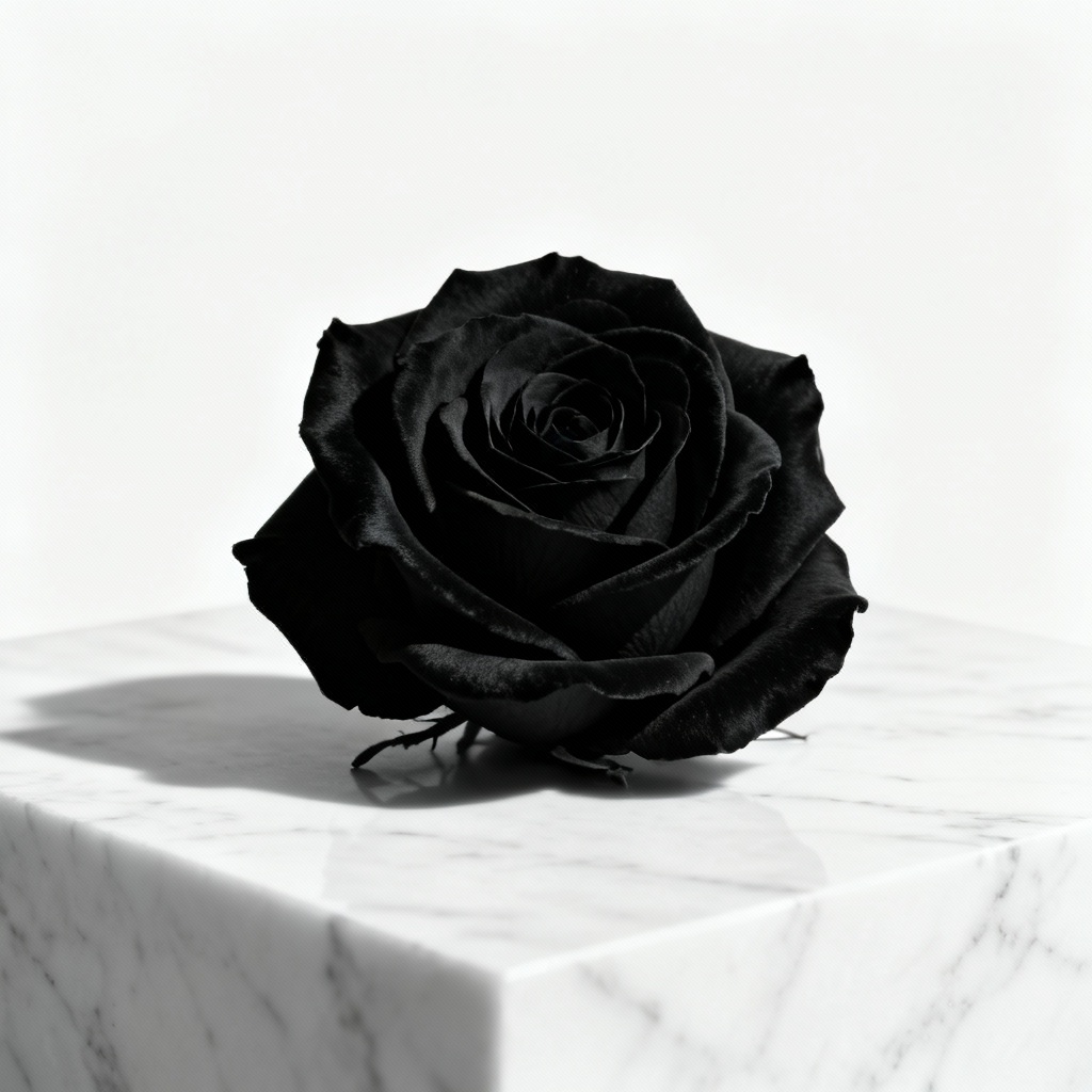 Matte black rose on white marble