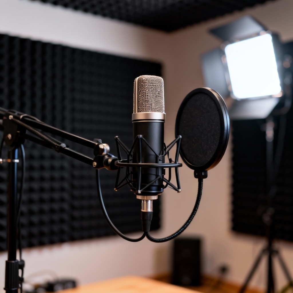 Photorealistic studio condenser microphone on boom arm
