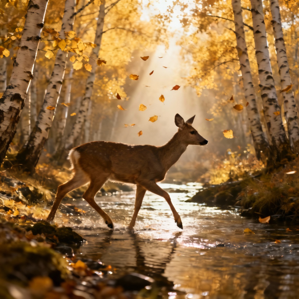 AI autumn birch forest with deer at golden hour