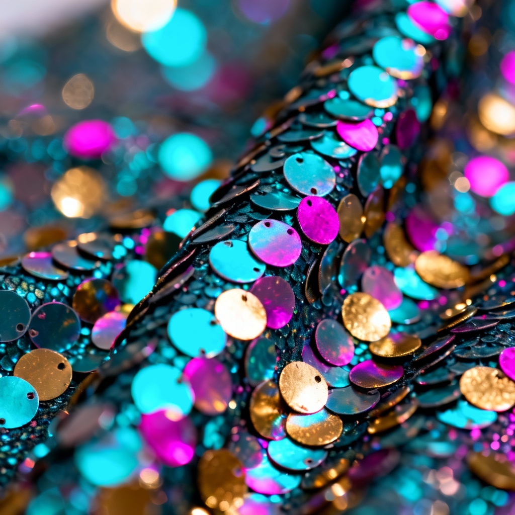 Holographic sequin fabric swatch with iridescent sparkle